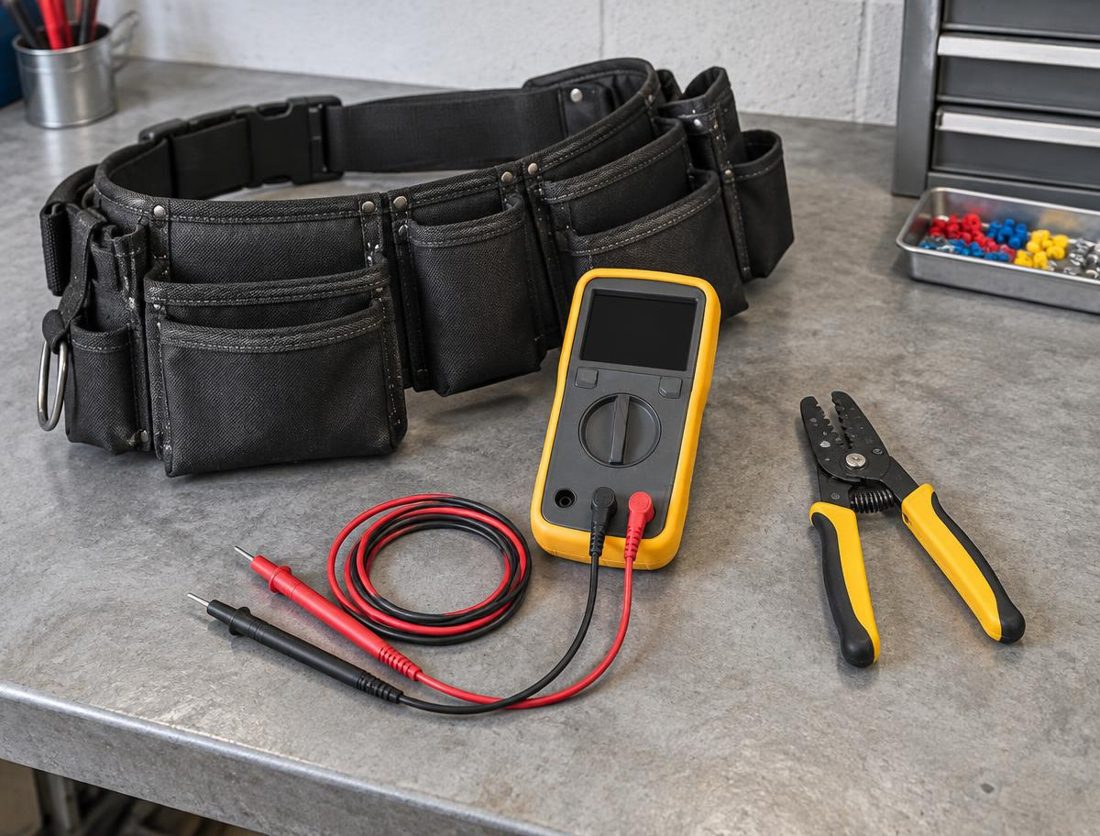 Tool belt, multimeter and wire strippers on a workbench
